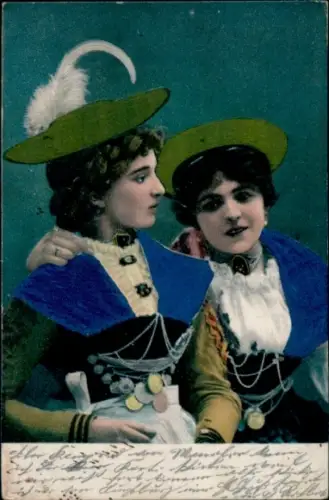 Präge Ak Zwei Mädchen in Tracht, Hut, Portrait