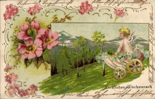 Präge Litho Glückwunsch, Engel, Rosen