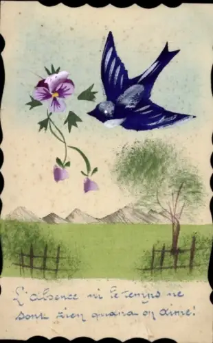 Handgemalt Ak Bergkette, Schwalbe, Stiefmütterchen
