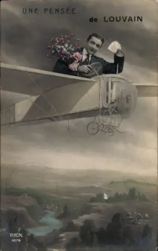 Ak Louvain Leuven Flämisch Brabant, Mann mit Blumenstrauß, Flugzeug