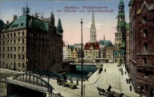 Ak Hamburg Mitte Altstadt, Freihafenpartie mit Nikolaikirche, Katharinenkirche