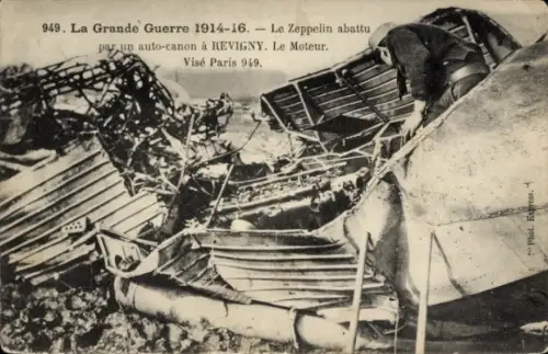 CPA Grande Guerre 1914-1916, Le Zeppelin abattu par un auto-canon à Revigny