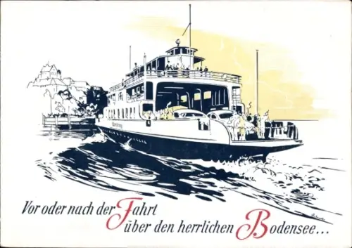 Künstler Ak Fähre auf dem Bodensee, Landkarte, Konstanz, Friedrichshafen, Reklame Shell