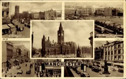 Ak Manchester England, Verschiedene Ansichten von  Town Hall, Marktstraße, Piccadilly