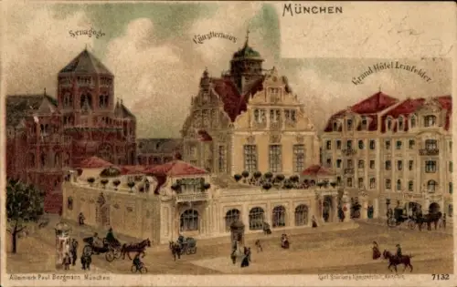 Judaika Litho München Bayern, Synagoge, Künstlerhaus, Grand Hotel Leinfelder