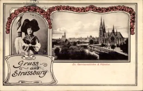 Passepartout Ak Straßburg Elsass Bas Rhin, Ev. Garnisonskirche, Münster, Elsässerin in Tracht