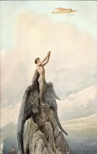 Künstler Ak Solomko, S., Traum des Ikarus, Flugzeug, Mann mit Flügeln