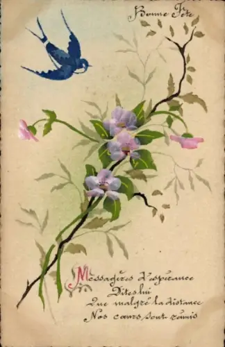 Handgemalt Ak Bonne Fete, Schwalbe, Blumen