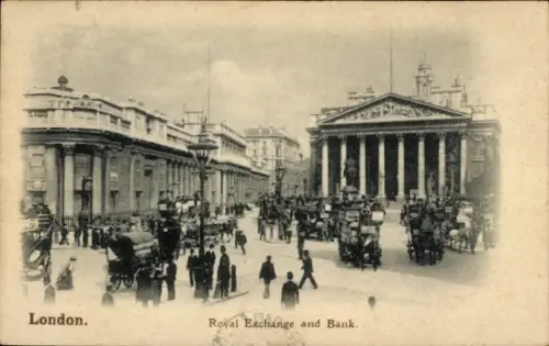 Ak City of Westminster London England,  Royal Exchange and Bank,  Gebäude, Straßenverkehr