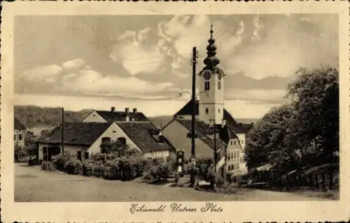 Ak Eibiswald Steiermark,  Unterer Platz, Häuser, Kirchturm, Landschaft