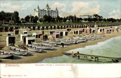Ak Ostseebad Zinnowitz auf Usedom,  Schwabe's Hotel, westlicher Strand, Boote am Strand