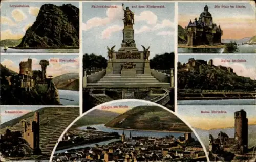 Ak Rüdesheim am Rhein, Niederwald Nationaldenkmal, Bingen, Mäuseturm, Ehrenfels, Rheinstein, Pfalz