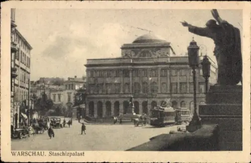 Ak Warszawa Warschau Polen,  Staschizpalast, Statue, Straßenverkehr,  