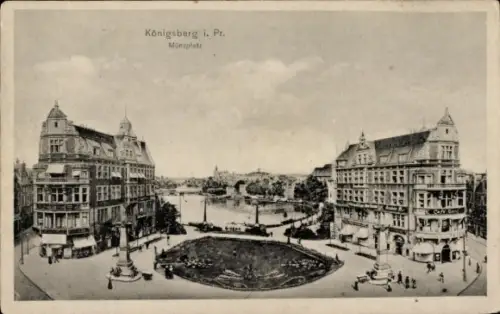 Ak Kaliningrad Königsberg Ostpreußen, Königsberg i. Pr., Münzplatz, Gebäude, Brunnen, Bäume