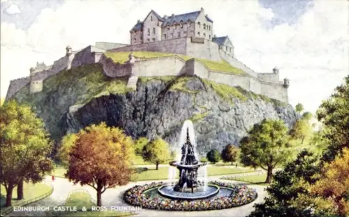 Ak Edinburgh Schottland, Edinburgh Castle, Ross Fountain, grüne Landschaft, 
