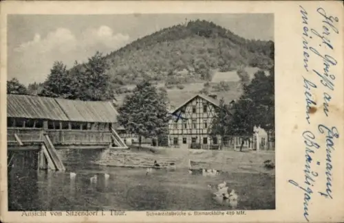 Ak Sitzendorf in Thüringen, Ansicht von Sitzendorf i. Thur, Schwarzatalbrücke, Bismarckhöhe, Natu