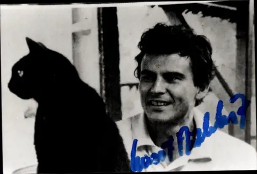 Foto Schauspieler Horst Buchholz, Portrait mit Katze, Autogramm