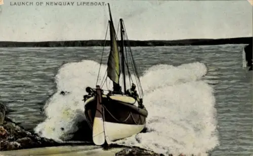 Ak Newquay Cornwall England, Stapellauf des Rettungsbootes