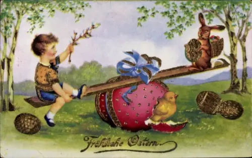 Ak Fröhliche Ostern, Kind wippt mit Osterhase, Küken schlüpft