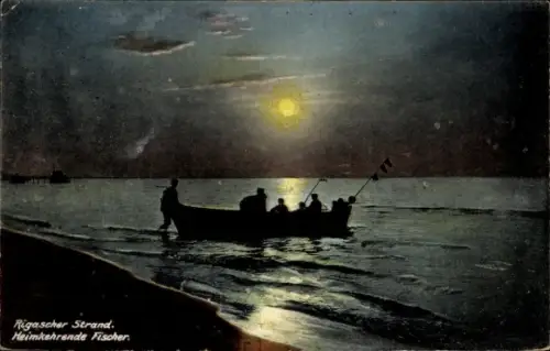 Mondschein Ak Riga Lettland, heimkehrende Fischer bei Nacht am Strand