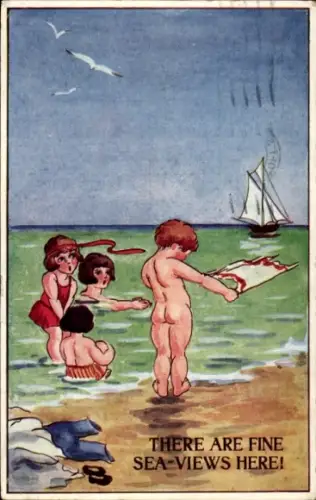 Künstler Ak Kinder beim Schwimmen, Segelboot