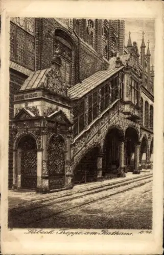 Künstler Ak Hansestadt Lübeck, Treppe am Rathaus