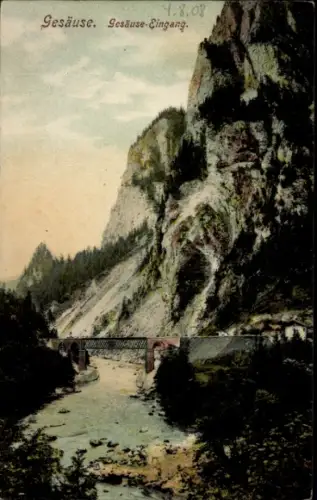 Ak Johnsbach im Gesäuse Steiermark, Hesshütte, Berglandschaft, Fluss, Brücke, Gesäuse-Eingang, ko