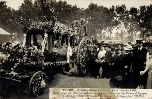 CPA Tours Indre et Loire, Grandes Fêtes d'Eté 1908, Corso fleuri du Champ-de-Mars