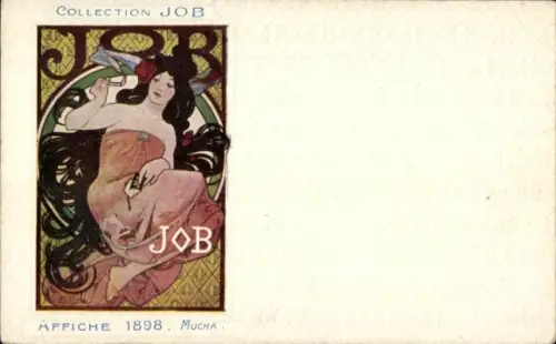 Jugendstil Künstler Litho Mucha, Collection Job, Affiche 1898, Frauenportrait, Zigarette