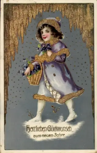 Präge Ak Fröhliches Neujahr, Kind mit Blumenkorb, Veilchen, Mantel