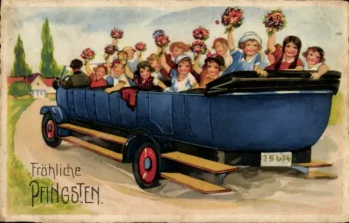Ak Frohe Pfingsten, Kinder winken aus einem offenen Autobus