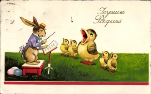 Ak Frohe Ostern, singende Küken, Osterhase als Dirigent