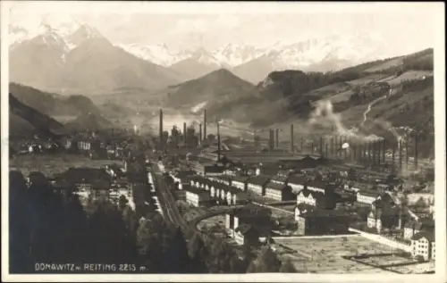 Ak Donawitz Leoben Steiermark, Industrieansicht, Berge im Hintergrund, rauchende Schornsteine, Do