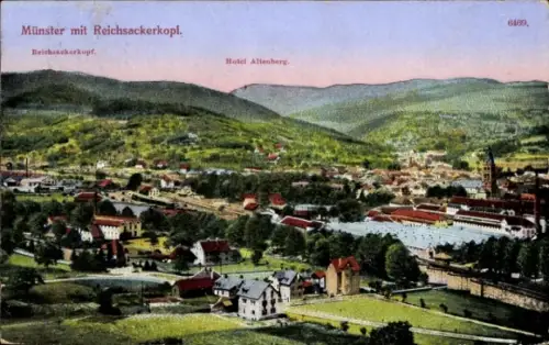 Ak Munster Münster im Elsass Haut Rhin, Panorama mit Reichsackerkopf, Hotel Altenberg