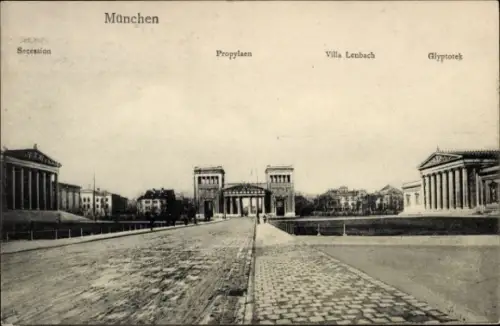 Ak München, Propylaen, Villa Lenbach, Glyptotek