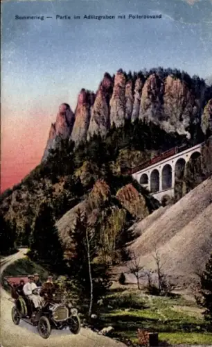 Ak Semmering in Niederösterreich, Fahrzeug, Berglandschaft, Eisenbahnbrücke, Adlitzgraben, Poller