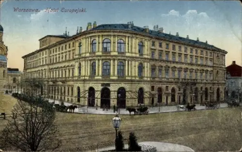 Ak Warszawa Warschau Polen, Hotel Europejski, Straßenansicht, Pferdewagen,  
