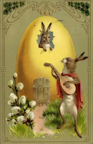 Präge Litho Glückwunsch Ostern, Osterhase als Minnesänger, Häsin im Osterei