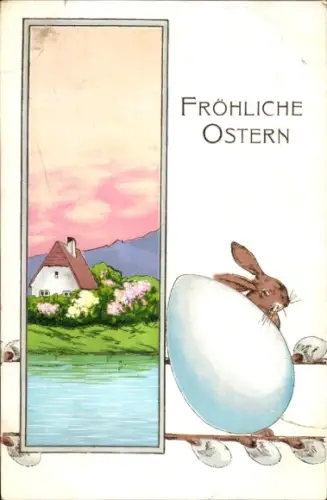 Litho Glückwunsch Ostern, Dorfidyll, Osterhase mit Osterei