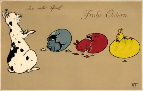 Künstler Ak Frohe Ostern, Osterhase, kleine Hasen schlüpfen aus bunten Eiern