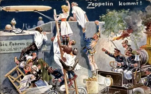 Künstler Ak Thiele, Arthur, Zeppelin kommt, Feuerwehr, Schaulustige
