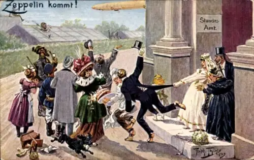 Künstler Ak Thiele, Arthur, Zeppelin kommt, Brautpaar vor dem Standesamt