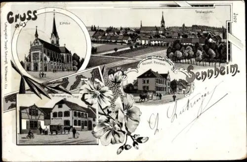Litho Cernay Sennheim Elsass Haut Rhin, Blick auf den Ort, Postamt, Wirtschaft, Kirche