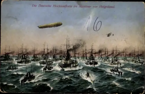 Ak Nordseeinsel Helgoland, Deutsche Hochseeflotte, Manöver vor  Zeppelin LZ 16