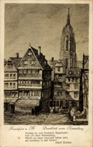 Ak Sachsenhausen Frankfurt am Main, Zeichnung von Römerberg, Äppelwein, Carl Heyland, Adolf Stolt