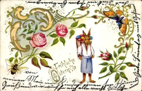 Präge Ak Glückwunsch Ostern, Osterhase, Blumen, Ostereier