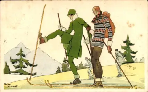 Künstler Ak Vincent, Rene, Rene, Skiläufer, Reklame, l'Hemostyl et l'Hepamoxyl du Dr. Roussel