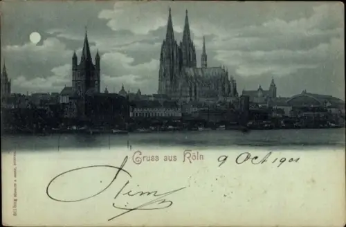 Mondschein Ak Köln am Rhein, Rheinansicht, Dom