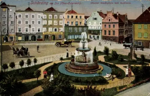 Ak Schärding am Inn Oberösterreich, Schärding am Inn, Oberer Stadtplatz, Rathaus, Brunnen, Pferde