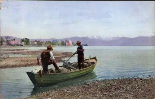 Photochromie Wasserburg am Bodensee Schwaben, Fischerboot am Ufer